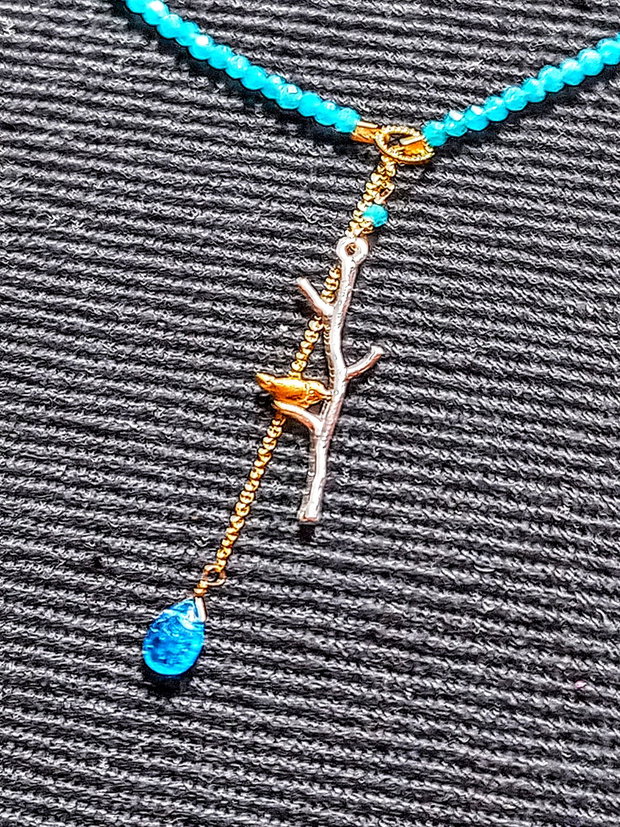 Colier vermeil calcedonie apatit brioleta charm ramura pasare argint vermeil doua tonuri minimalist boho chic trendy cadou - Transport gratuit