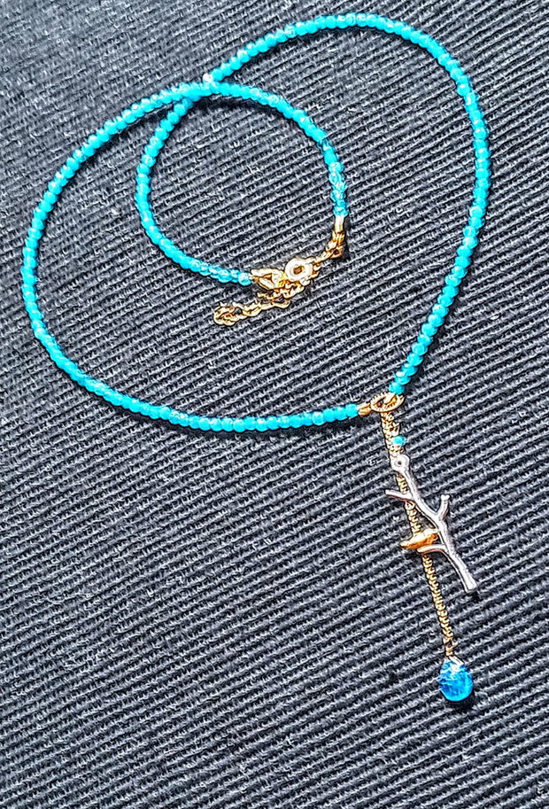 Colier vermeil calcedonie apatit brioleta charm ramura pasare argint vermeil doua tonuri minimalist boho chic trendy cadou - Transport gratuit