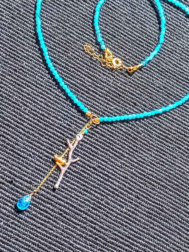Colier vermeil calcedonie apatit brioleta charm ramura pasare argint vermeil doua tonuri minimalist boho chic trendy cadou - Transport gratuit