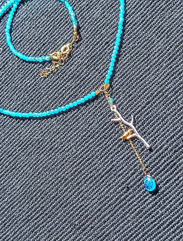 Colier vermeil calcedonie apatit brioleta charm ramura pasare argint vermeil doua tonuri minimalist boho chic trendy cadou - Transport gratuit