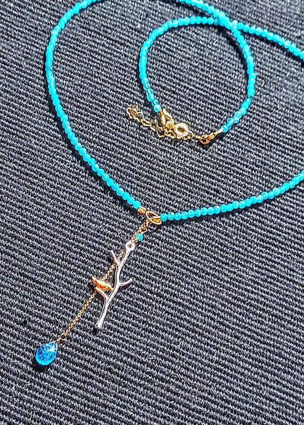 Colier vermeil calcedonie apatit brioleta charm ramura pasare argint vermeil doua tonuri minimalist boho chic trendy cadou - Transport gratuit