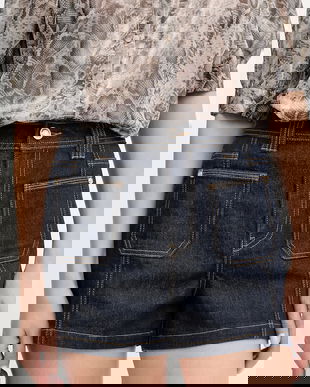 Morgan pantaloni scurți jeans culoarea bleumarin, uni, high waist, SHADZA