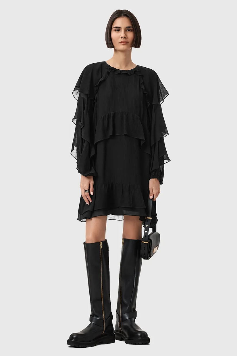 AllSaints rochie din mătase LISSIE mini evazat negru W100DD