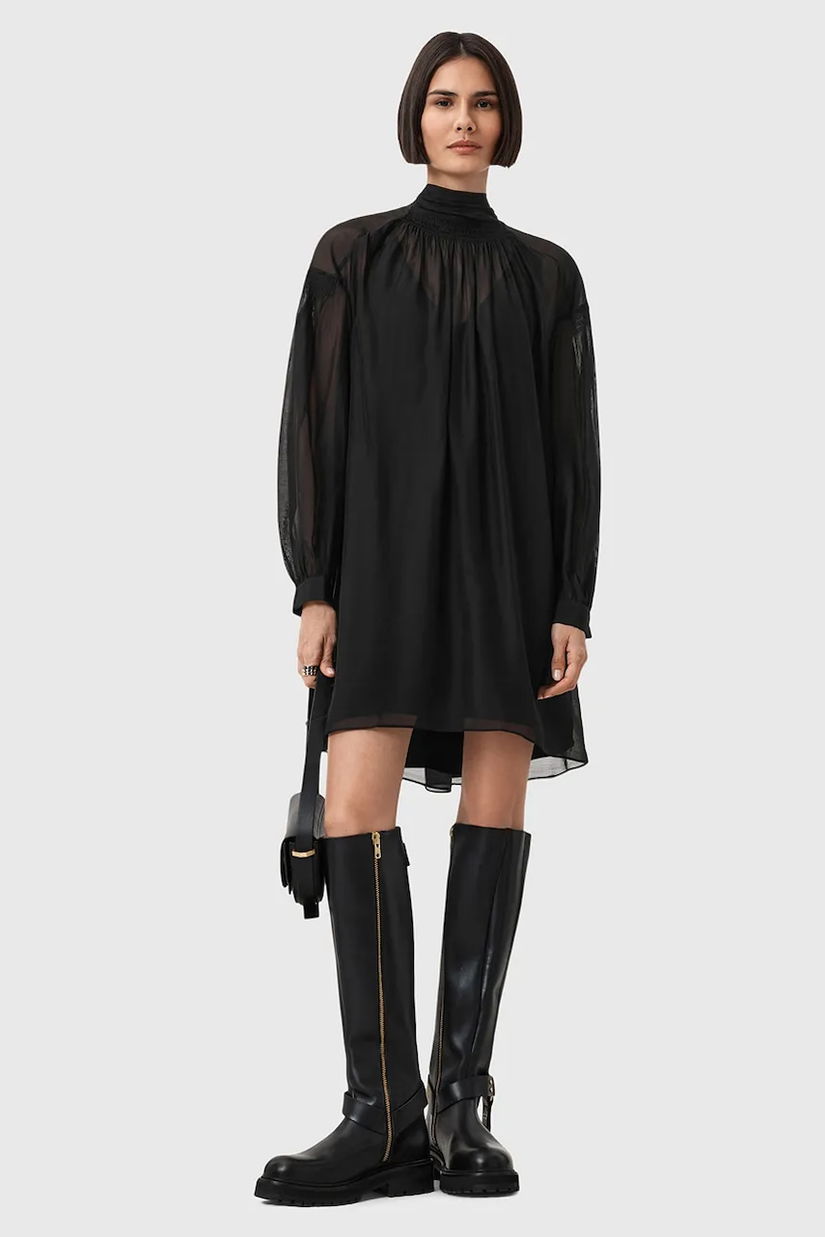 AllSaints rochie din mătase PEARLA mini evazat negru W095DD