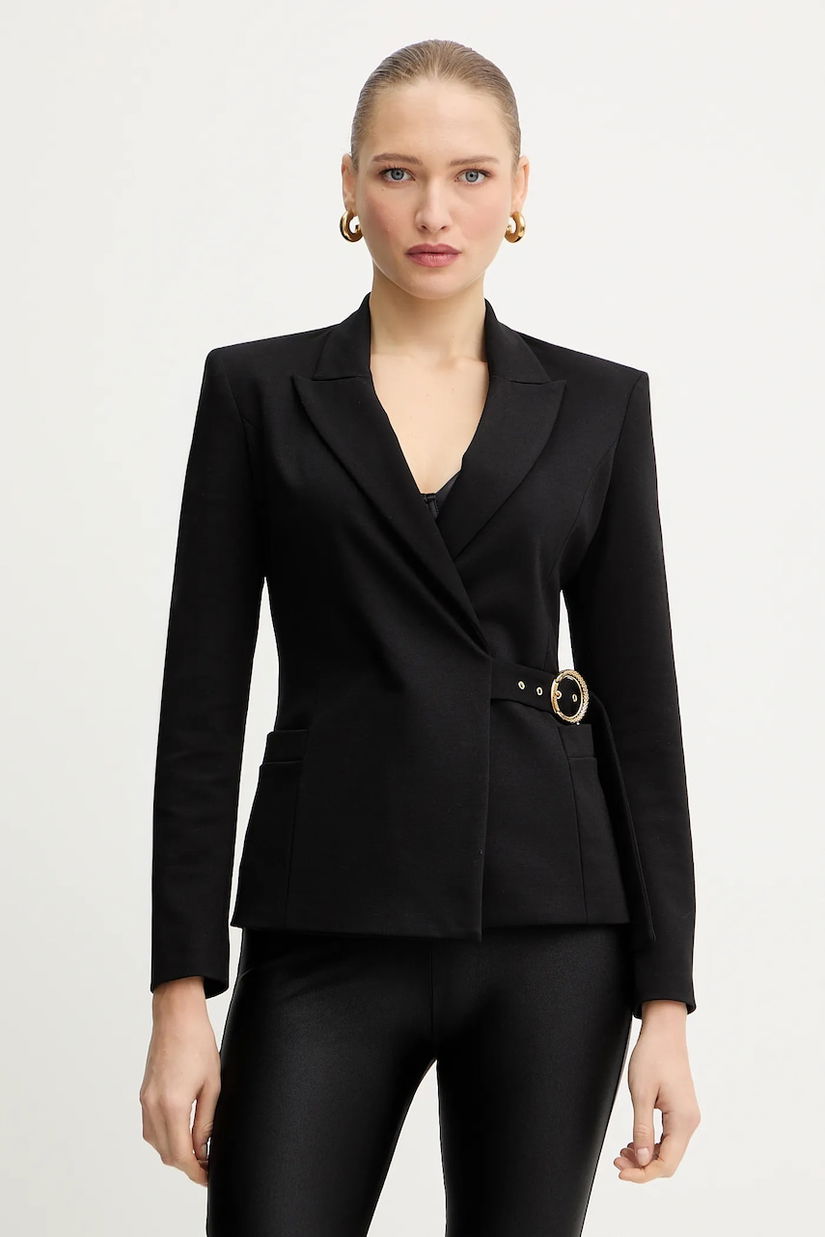 Just Cavalli jachetă cu adaos de viscoză rochie neagră cu un singur rând de nasturi, netedă 79PAQ705 J0092