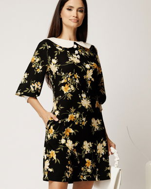 Rochie scurta neagra din stofa cu flori galbene si guler alb
