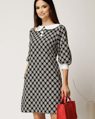 Rochie scurta neagra din stofa cu imprimeu geometric si guler alb