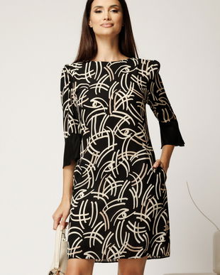 Rochie scurta neagra din voal cu imprimeu ivory si croi cambrat