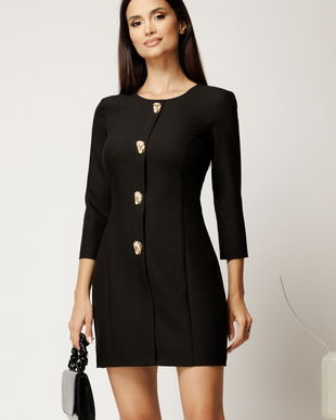 Rochie scurta neagra din stofa cu croi cambrat si nasturi decorativi