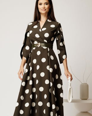Rochie midi kaki din stofa in clos cu buline mari si curea in talie