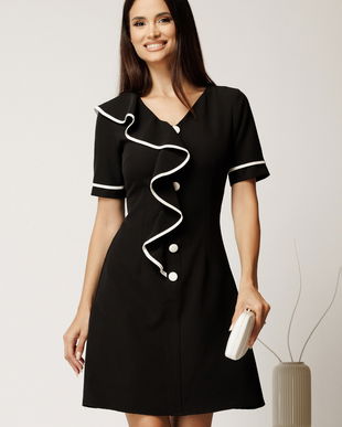 Rochie scurta neagra din bumbac cu croi cambrat, nasturi decorativi si volan