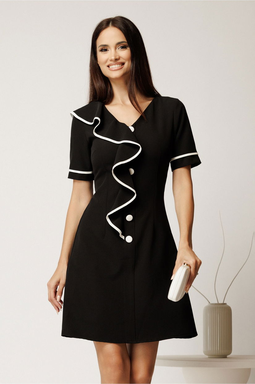 Rochie scurta neagra din bumbac cu croi cambrat, nasturi decorativi si volan