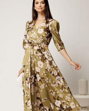 Rochie midi verde din voal satinat cu imprimeu floral