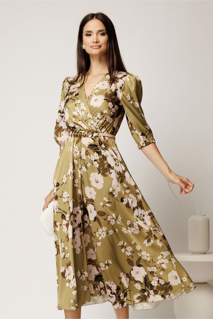 Rochie midi verde din voal satinat cu imprimeu floral