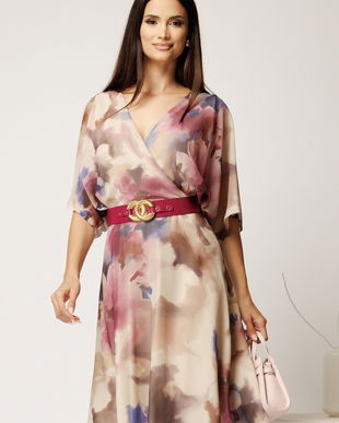 Rochie midi ivory din voal in clos cu imprimeu si curea fucsia