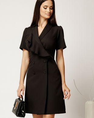 Rochie scurta neagra din stofa tip sacou cu volan si doua randuri de nasturi