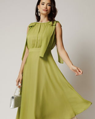 Rochie DY Fashion midi verde fistic din voal in clos cu funde la umeri