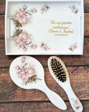 Set gatitul miresei, set vintage mireasa, set perie si oglinda, set tava mireasa, set nunta, set shabby chic, tava mireasa