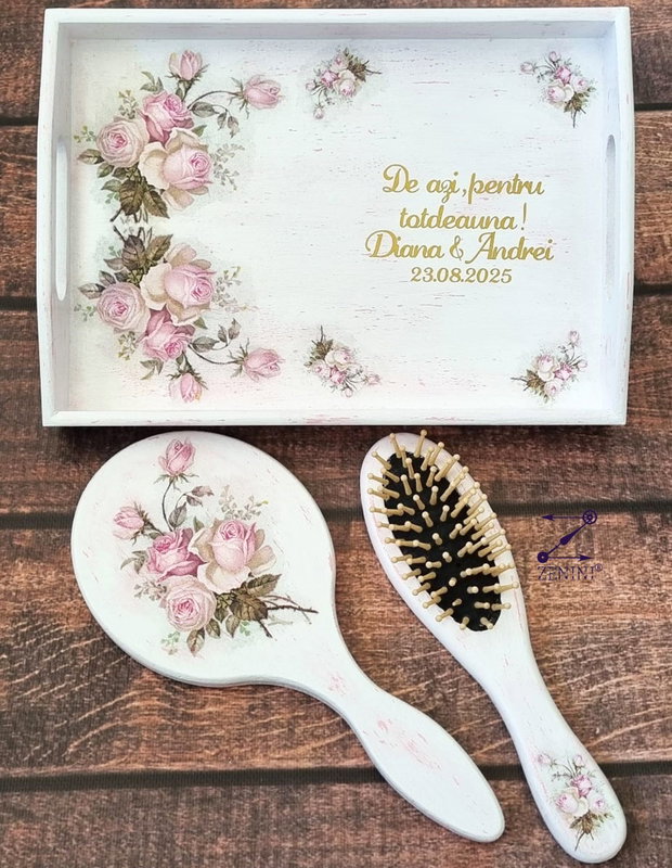 Set gatitul miresei, set vintage mireasa, set perie si oglinda, set tava mireasa, set nunta, set shabby chic, tava mireasa