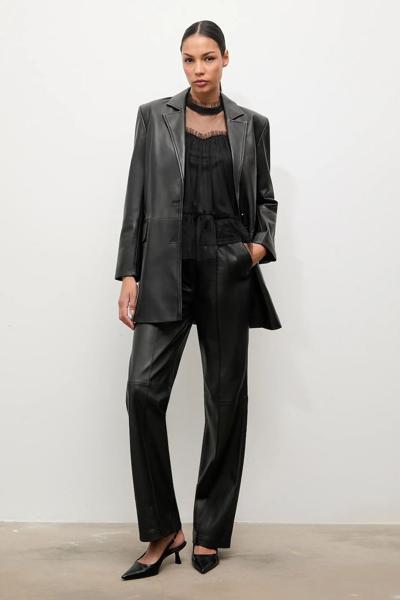 Answear.LAB sacou de piele culoarea negru, un singur rand de nasturi, neted
