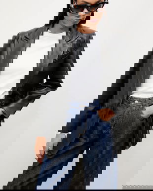 Answear.LAB sacou de piele culoarea negru, un singur rand de nasturi, neted