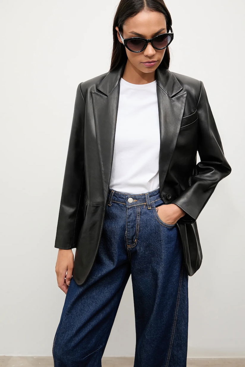 Answear.LAB sacou de piele culoarea negru, un singur rand de nasturi, neted
