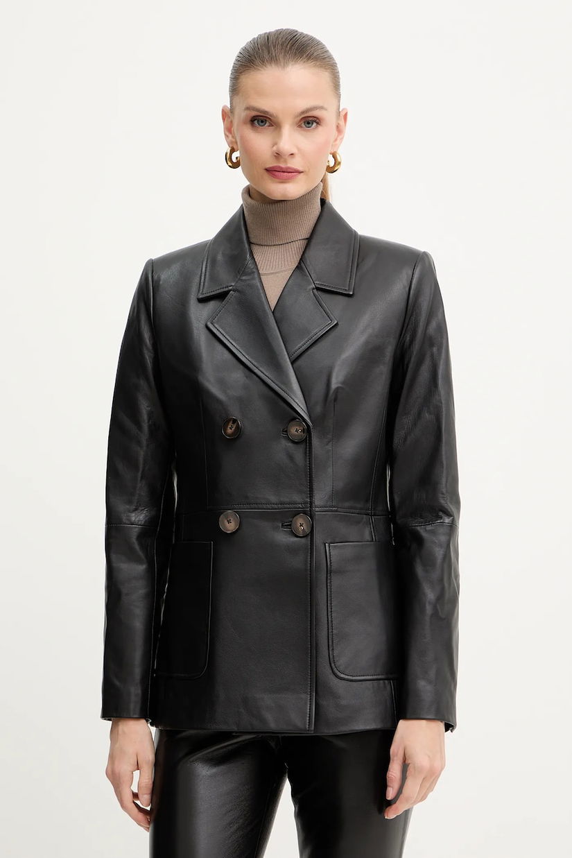 Luisa Spagnoli sacou de piele culoarea negru, cu doua rânduri de nasturi, uni, 542242