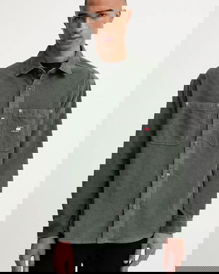 Tommy Jeans cămașă din velur culoarea verde, cu guler clasic, relaxed, DM0DM22016