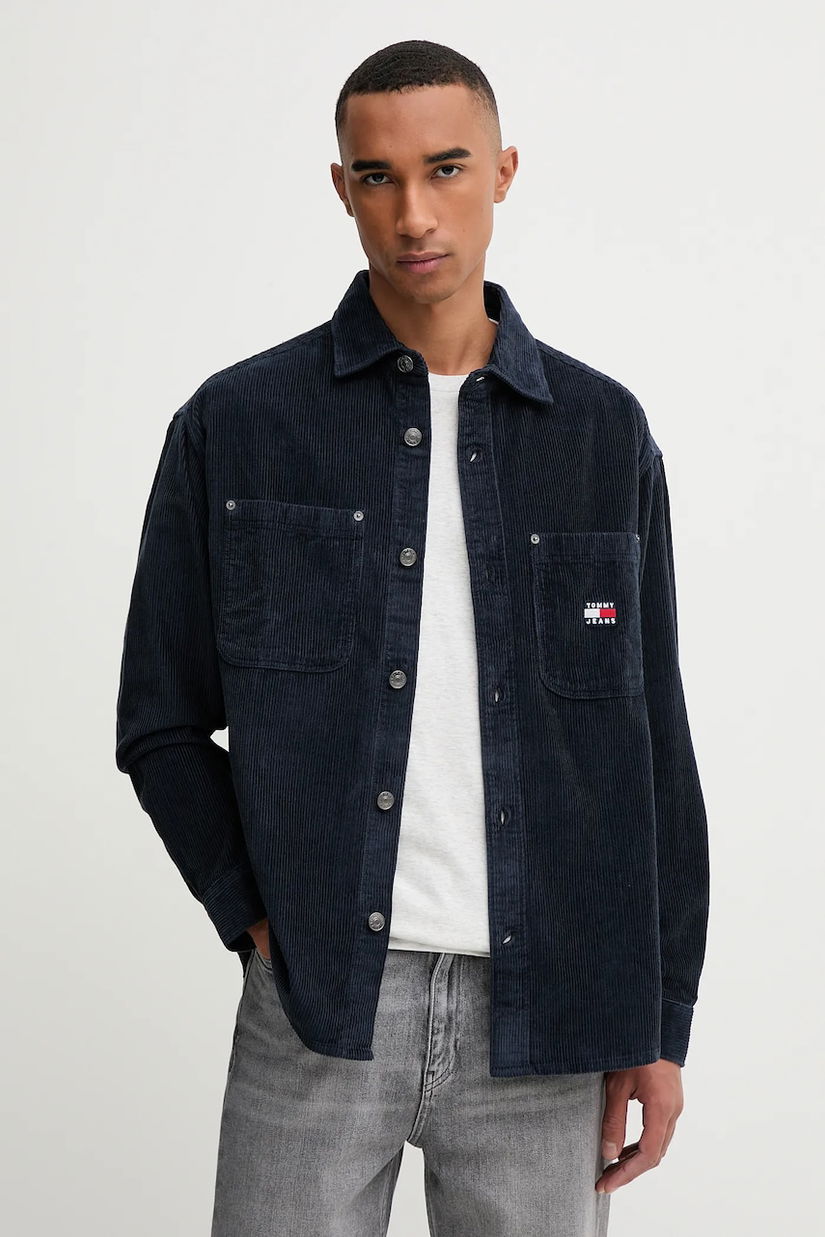 Tommy Jeans cămașă din velur culoarea bleumarin, cu guler clasic, relaxed, DM0DM22016