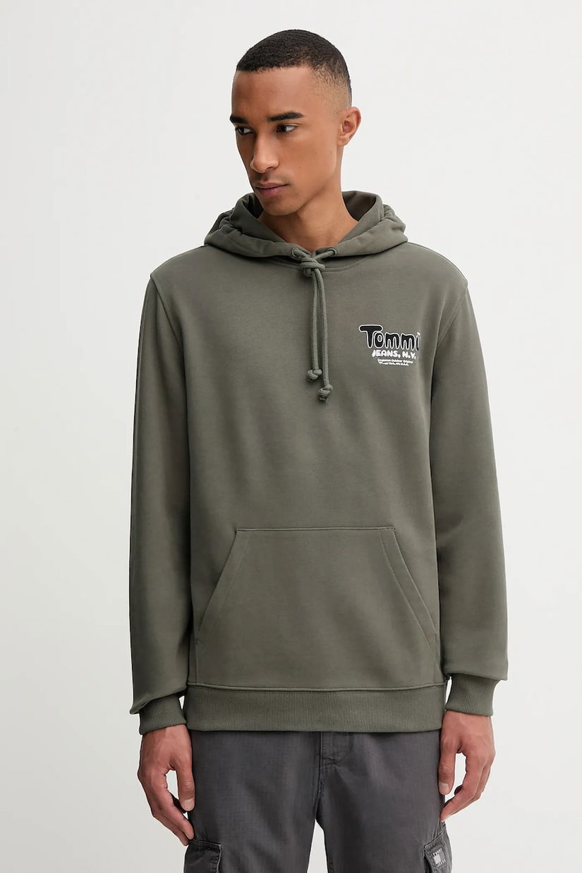 Tommy Jeans hanorac de bumbac culoarea verde, cu glugă, cu imprimeu, DM0DM22086