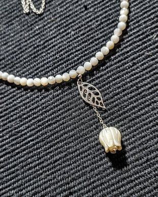 Colier argint sidef mother of pearl floare gravata charm frunza lant argint minimalist boho chic ttrendy - Transport gratuit