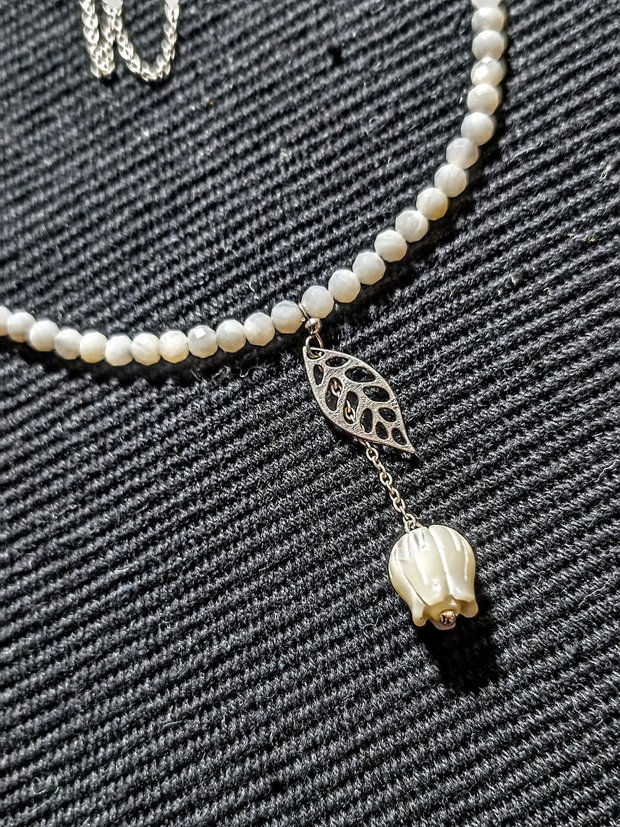 Colier argint sidef mother of pearl floare gravata charm frunza lant argint minimalist boho chic ttrendy - Transport gratuit