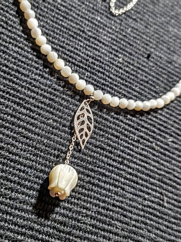 Colier argint sidef mother of pearl floare gravata charm frunza lant argint minimalist boho chic ttrendy - Transport gratuit