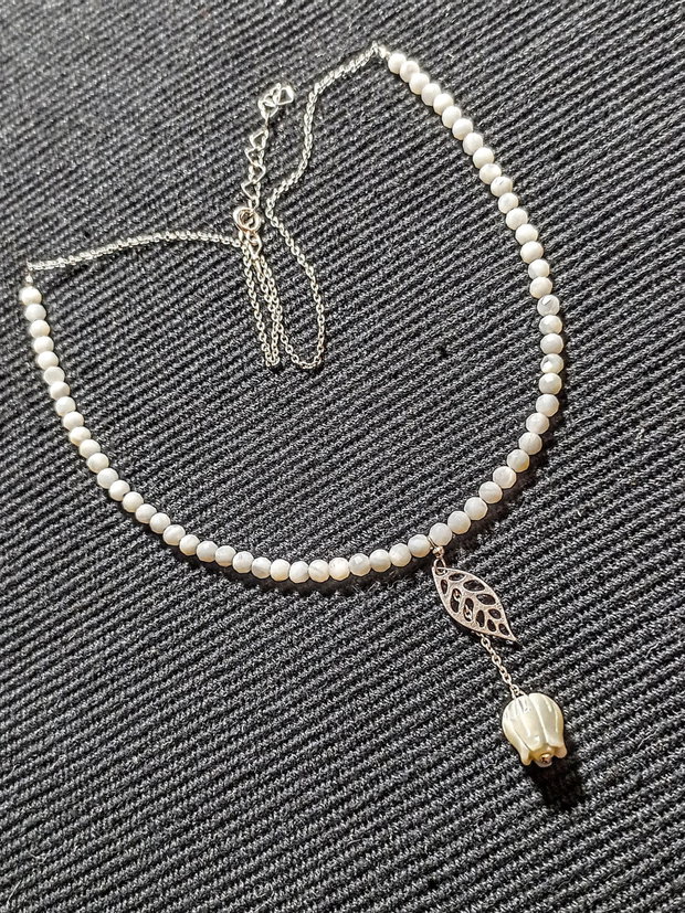 Colier argint sidef mother of pearl floare gravata charm frunza lant argint minimalist boho chic ttrendy - Transport gratuit