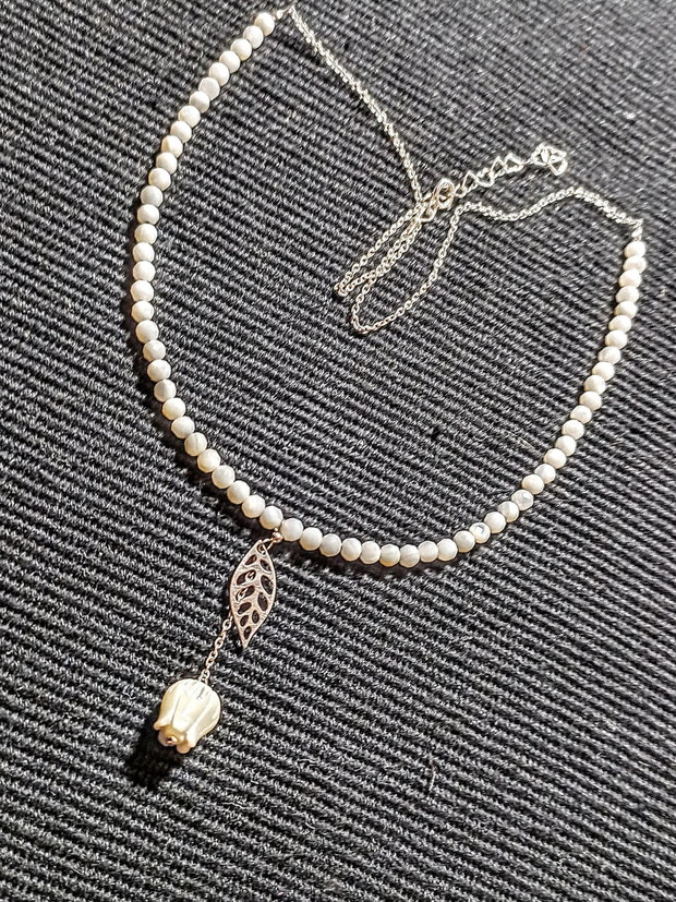Colier argint sidef mother of pearl floare gravata charm frunza lant argint minimalist boho chic ttrendy - Transport gratuit
