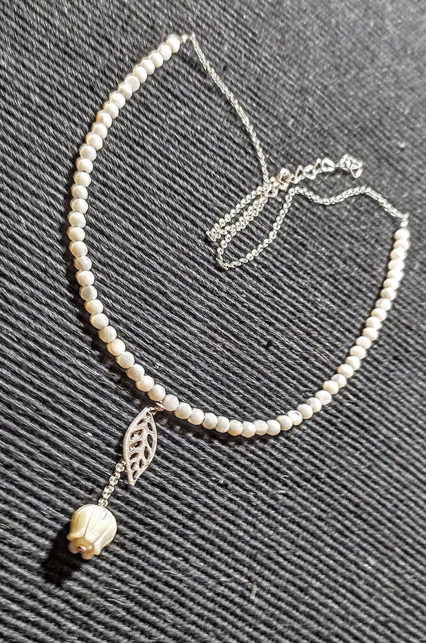 Colier argint sidef mother of pearl floare gravata charm frunza lant argint minimalist boho chic ttrendy - Transport gratuit