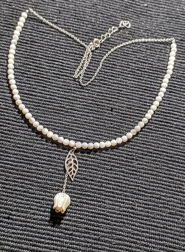 Colier argint sidef mother of pearl floare gravata charm frunza lant argint minimalist boho chic ttrendy - Transport gratuit