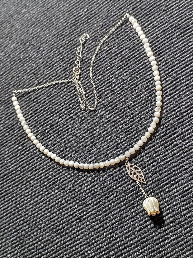 Colier argint sidef mother of pearl floare gravata charm frunza lant argint minimalist boho chic ttrendy - Transport gratuit