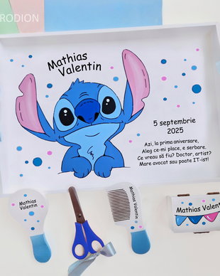 Tava personalizata Stitch pictata manual, set pentru mot baietel