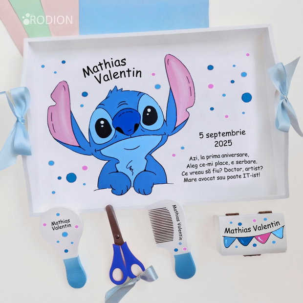 Tava personalizata Stitch pictata manual, set pentru mot baietel