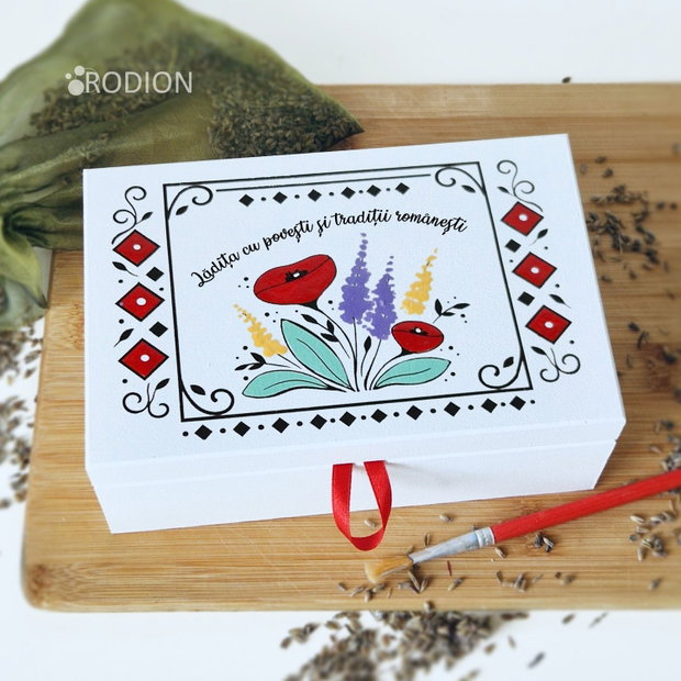 Cutie pictata manual cu motive traditionale romanesti, caseta bijuterii handmade