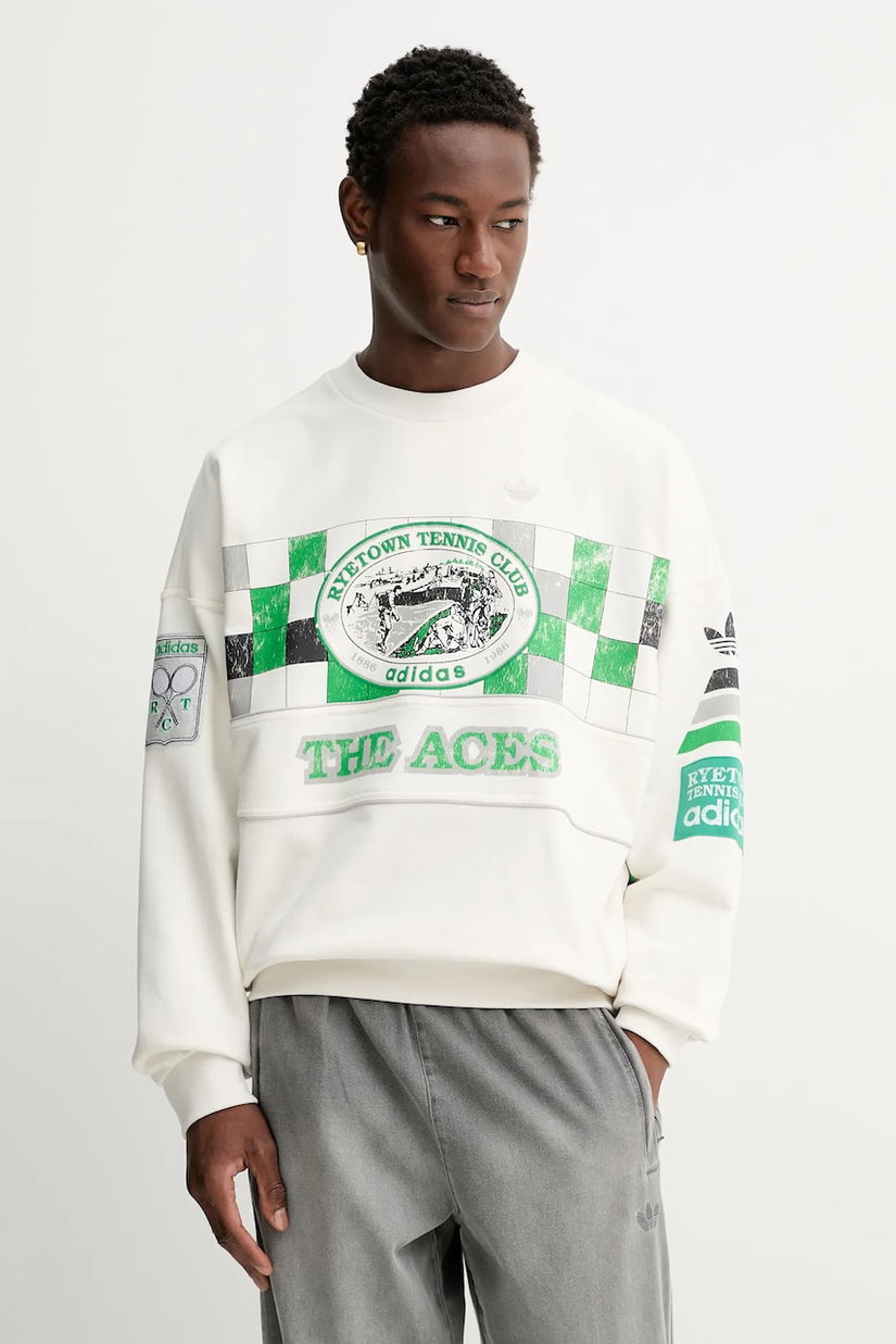 adidas Originals hanorac de bumbac Court Crew culoarea alb, cu glugă, cu imprimeu, JW0149