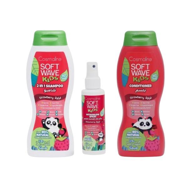 Set Sampon 400ml, Balsam 400ml, Spray descurcare par 125ml Cosmaline Soft Wave Kids, &gt;90% naturale, copii, cu capsuni