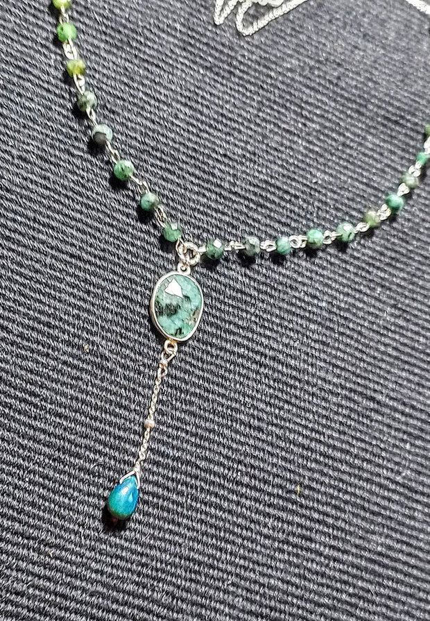 Colier argint smarald opal de foc etiopian brioleta conector smarald lant argint minimalist boho chic trendy - Transport gratuit