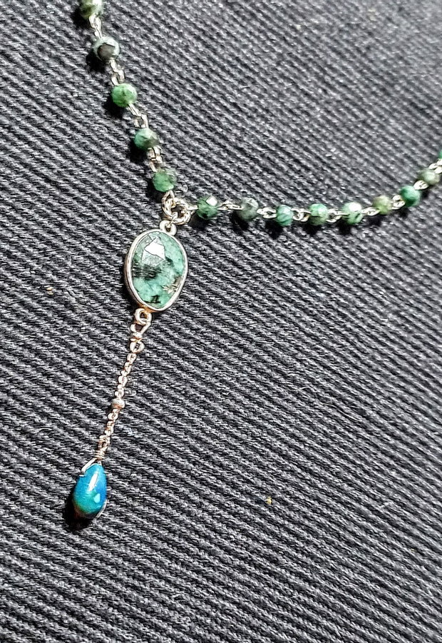 Colier argint smarald opal de foc etiopian brioleta conector smarald lant argint minimalist boho chic trendy - Transport gratuit