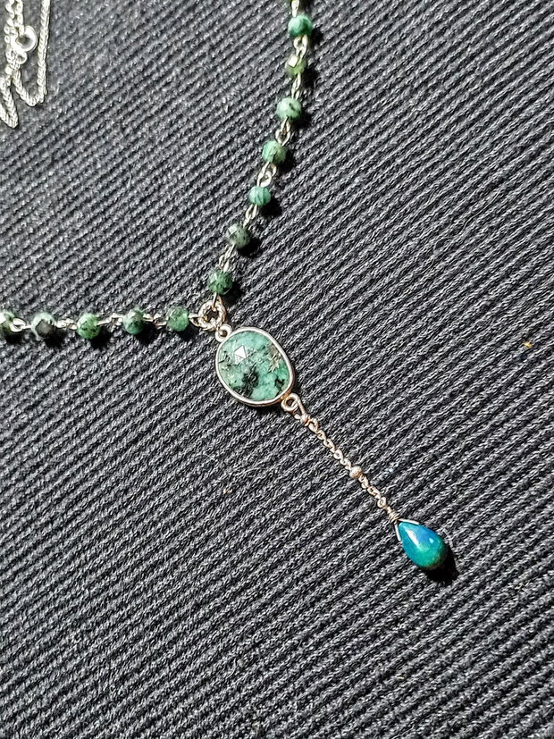 Colier argint smarald opal de foc etiopian brioleta conector smarald lant argint minimalist boho chic trendy - Transport gratuit