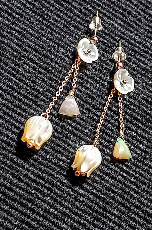 Cercei argint opal de foc etiopian briolete fancy sidef flori gravate lant argint minimalisti boho chic trendy - Transport gratuit