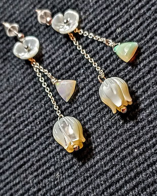 Cercei argint opal de foc etiopian briolete fancy sidef flori gravate lant argint minimalisti boho chic trendy - Transport gratuit