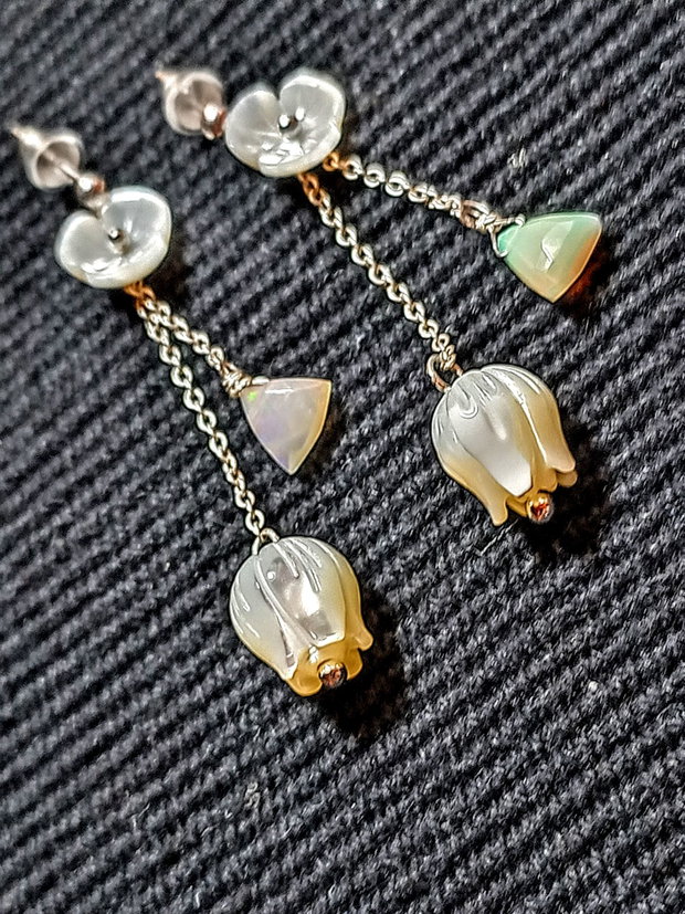 Cercei argint opal de foc etiopian briolete fancy sidef flori gravate lant argint minimalisti boho chic trendy - Transport gratuit