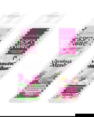 Set Geluri de dus cu ingrediente naturale, arome de Mosc Gardenie si Iasomie & Flori de Măr, Cosmaline Soft Wave, 2x400ml